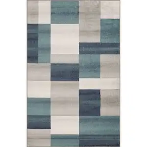Photo of Teal And Gray Patchwork Power Loom Stain Resistant Area Rug