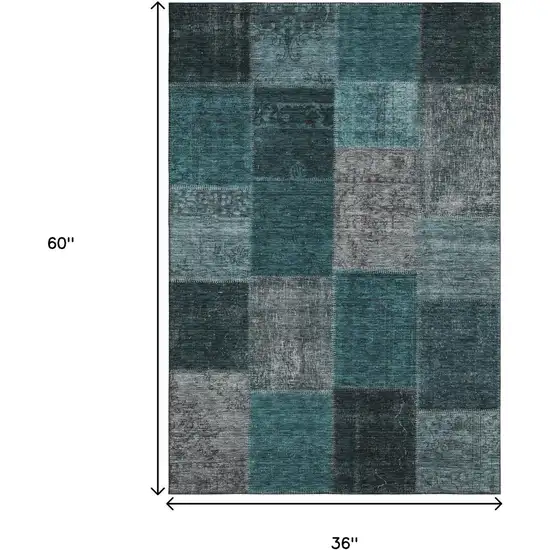 Teal And Gray Patchwork Washable Area Rug With UV Protection Photo 6