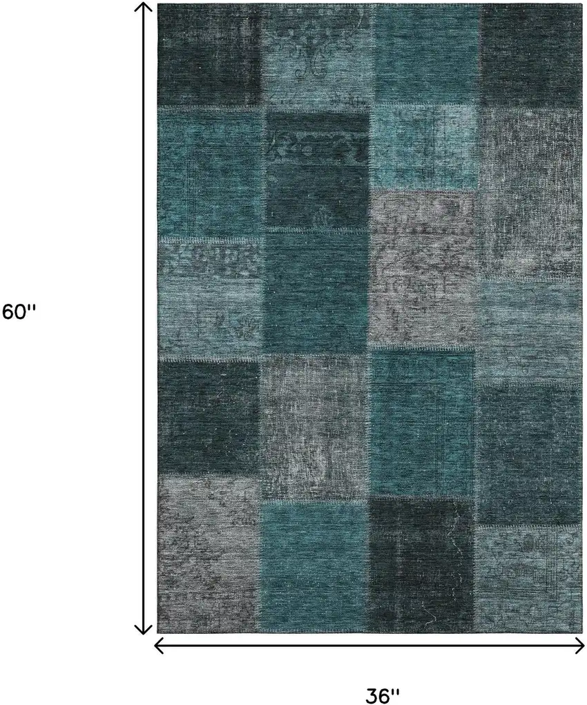 Teal And Gray Patchwork Washable Area Rug With UV Protection Photo 6