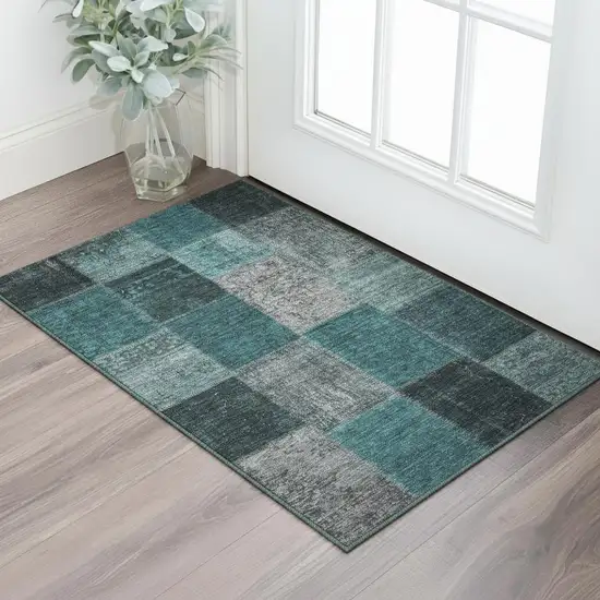 Teal And Gray Patchwork Washable Area Rug With UV Protection Photo 2