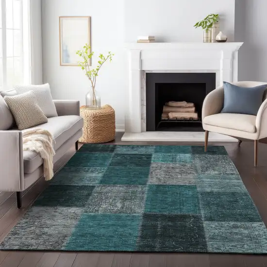 Teal And Gray Patchwork Washable Area Rug With UV Protection Photo 4
