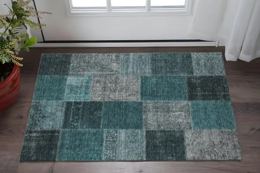 Teal And Gray Patchwork Washable Area Rug With UV Protection Photo 3