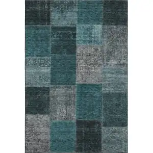 Photo of Teal And Gray Patchwork Washable Area Rug With UV Protection