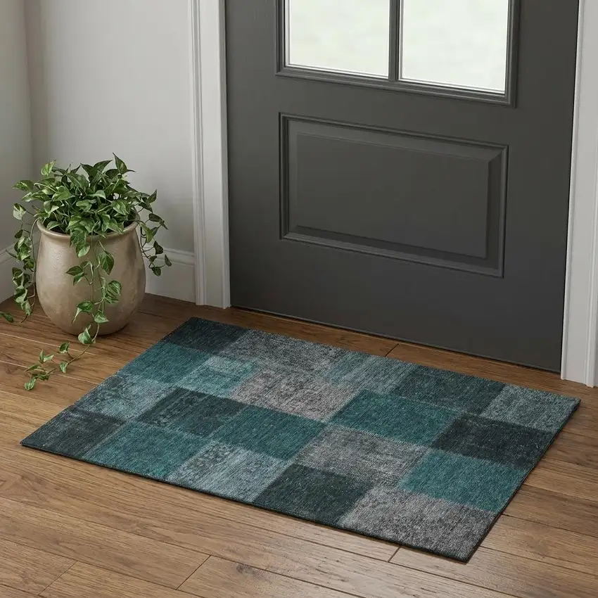 Teal And Gray Patchwork Washable Area Rug With UV Protection Photo 1