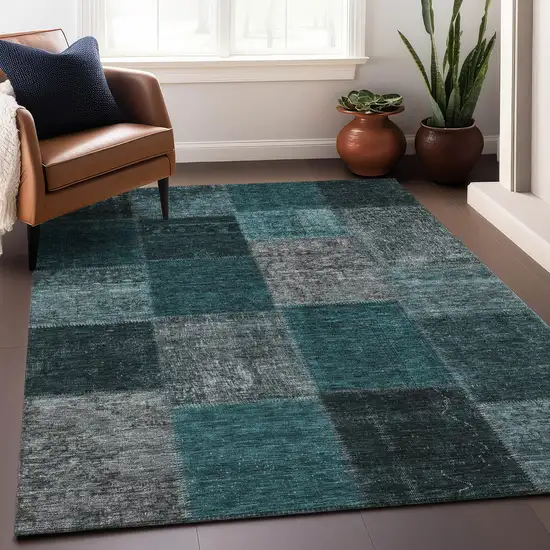 Teal And Gray Patchwork Washable Area Rug With UV Protection Photo 5