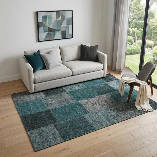 Teal And Gray Patchwork Washable Area Rug With UV Protection Photo 1