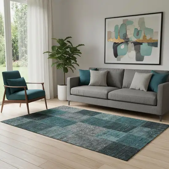 Teal And Gray Patchwork Washable Area Rug With UV Protection Photo 1