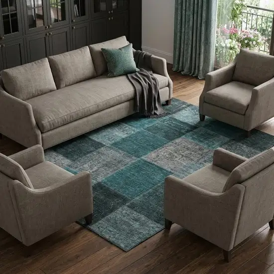 Teal And Gray Patchwork Washable Area Rug With UV Protection Photo 1