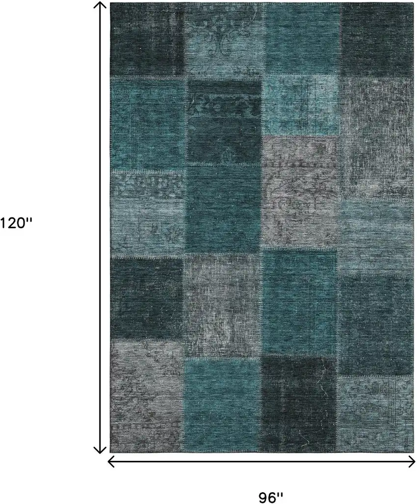Teal And Gray Patchwork Washable Area Rug With UV Protection Photo 3