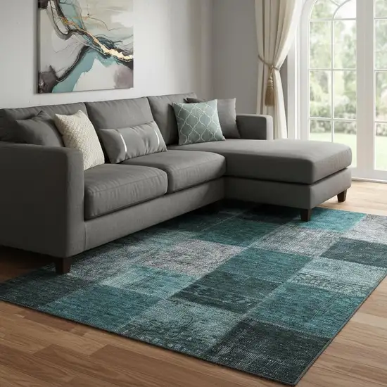 Teal And Gray Patchwork Washable Area Rug With UV Protection Photo 1