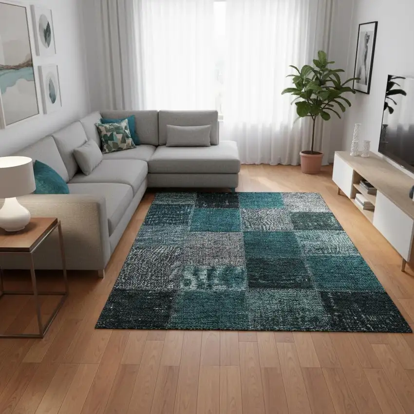 Teal And Gray Patchwork Washable Area Rug With UV Protection Photo 1