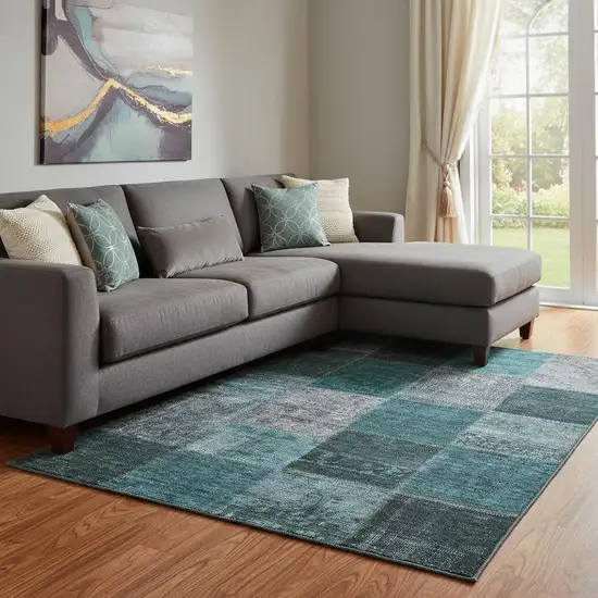 Teal And Gray Patchwork Washable Area Rug With UV Protection Photo 1