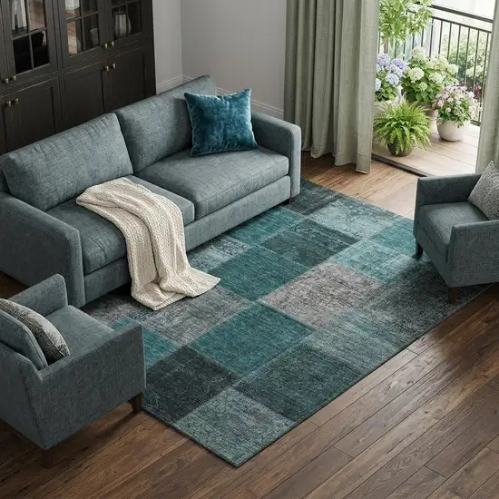 Teal And Gray Patchwork Washable Area Rug With UV Protection Photo 1
