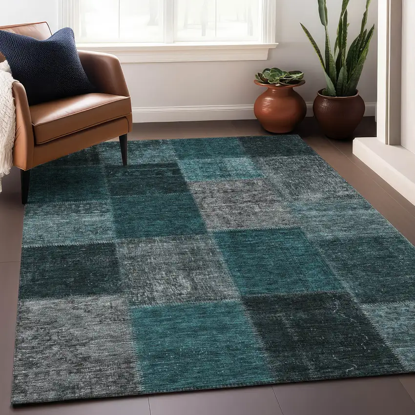 Teal And Gray Patchwork Washable Area Rug With UV Protection Photo 4