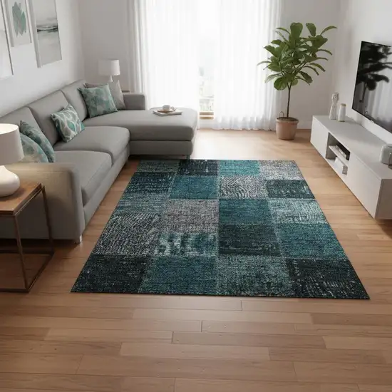 Teal And Gray Patchwork Washable Area Rug With UV Protection Photo 1