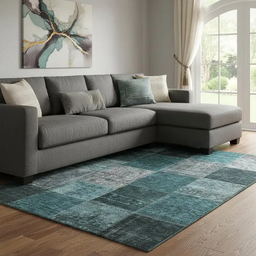 Teal And Gray Patchwork Washable Area Rug With UV Protection Photo 1