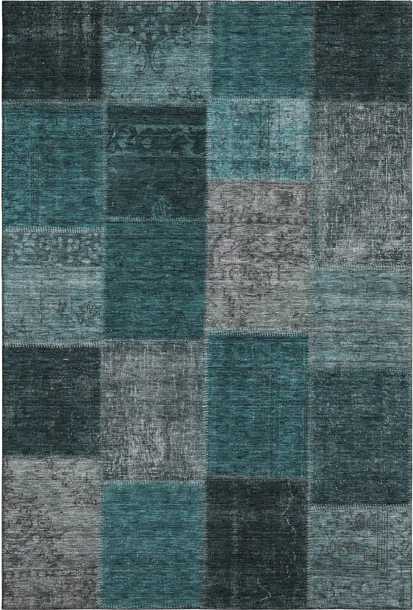 Teal And Gray Patchwork Washable Area Rug With UV Protection Photo 2
