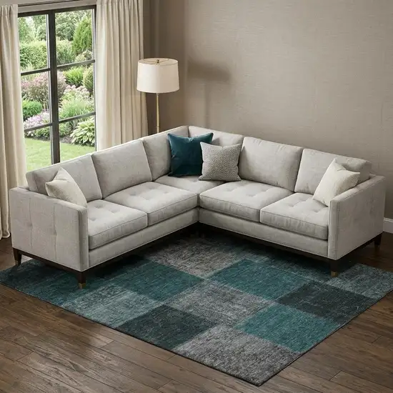 Teal And Gray Patchwork Washable Area Rug With UV Protection Photo 1