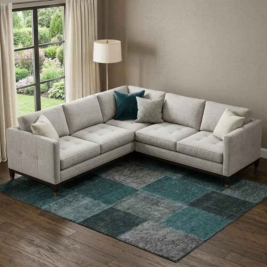 Teal And Gray Patchwork Washable Area Rug With UV Protection Photo 1