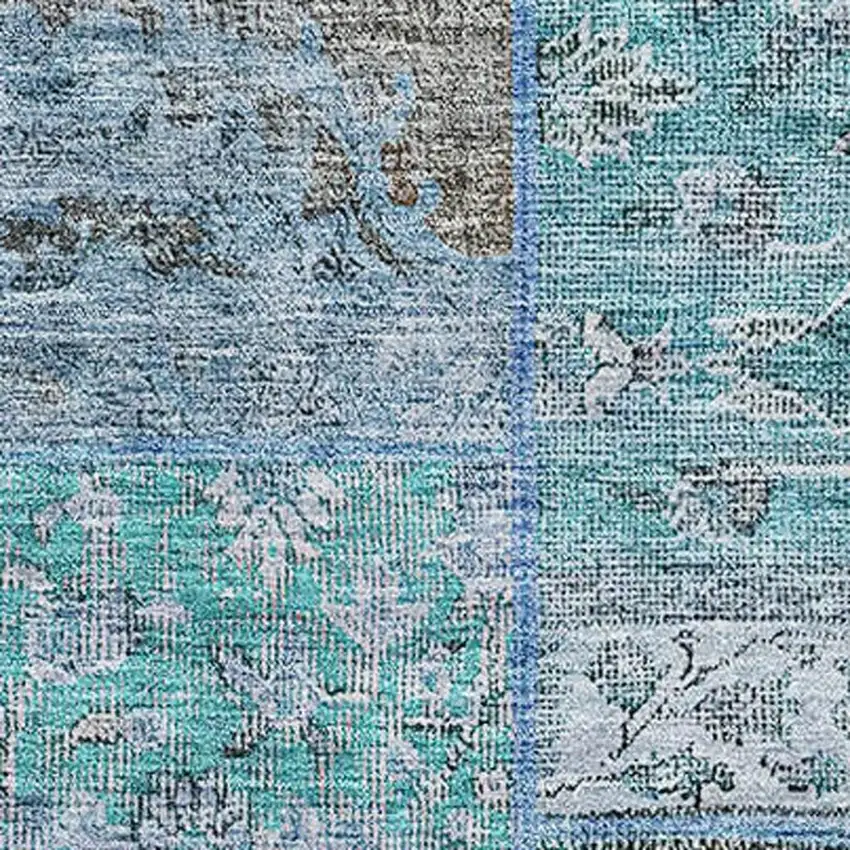 Teal And Gray Patchwork Washable Area Rug With UV Protection Photo 2