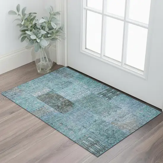 Teal And Gray Patchwork Washable Area Rug With UV Protection Photo 1
