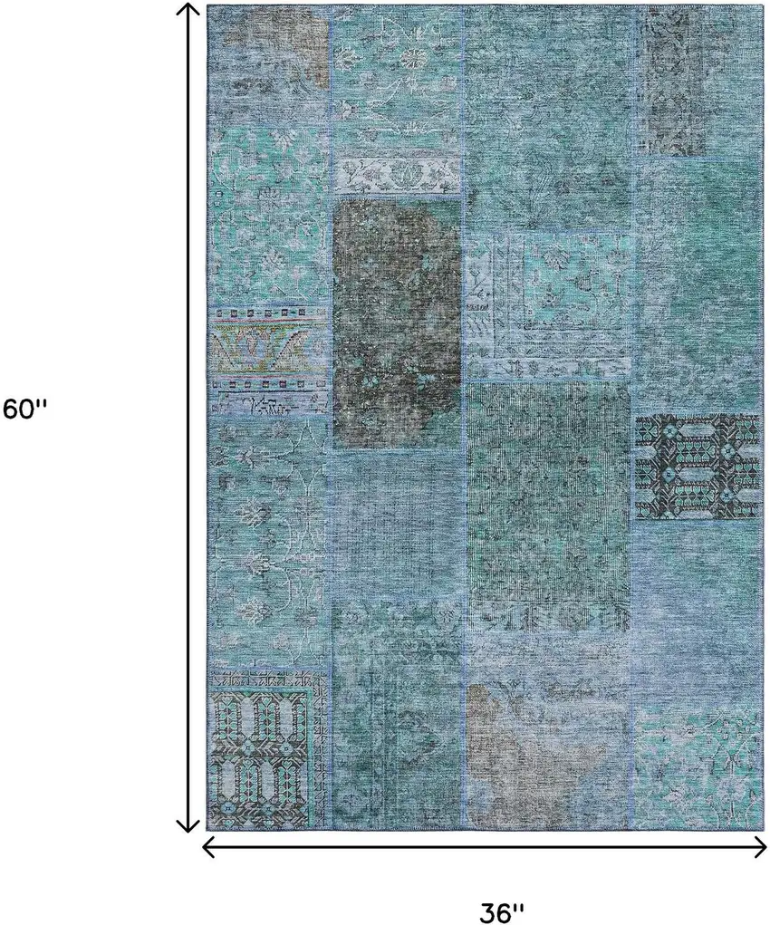 Teal And Gray Patchwork Washable Area Rug With UV Protection Photo 3