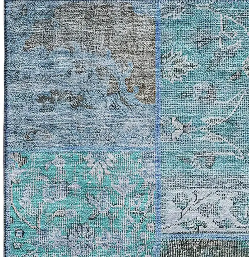 Teal And Gray Patchwork Washable Area Rug With UV Protection Photo 3