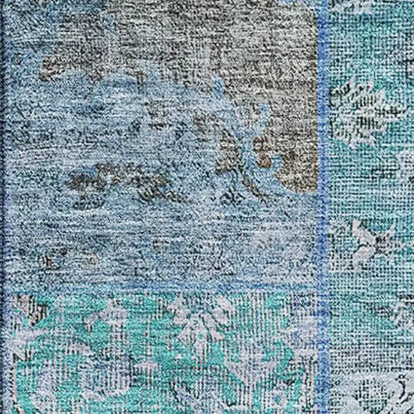 Teal And Gray Patchwork Washable Area Rug With UV Protection Photo 2
