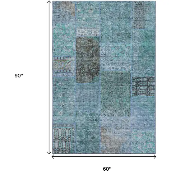 Teal And Gray Patchwork Washable Area Rug With UV Protection Photo 3
