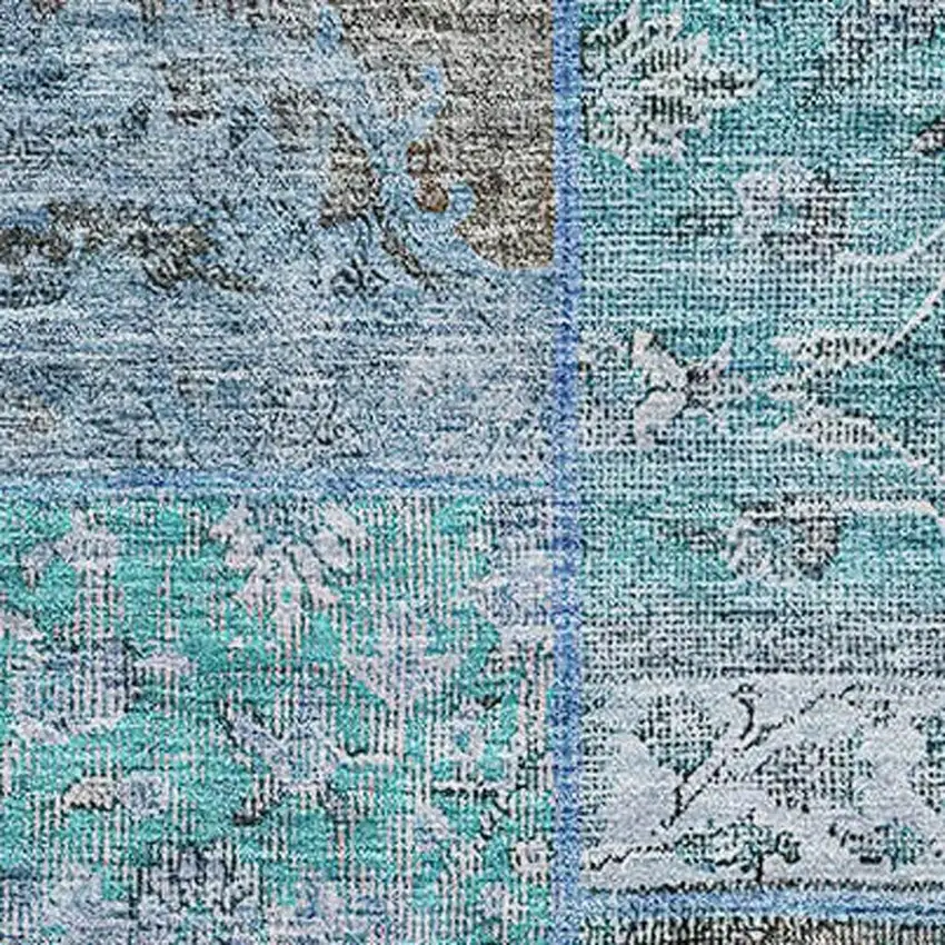 Teal And Gray Patchwork Washable Area Rug With UV Protection Photo 2
