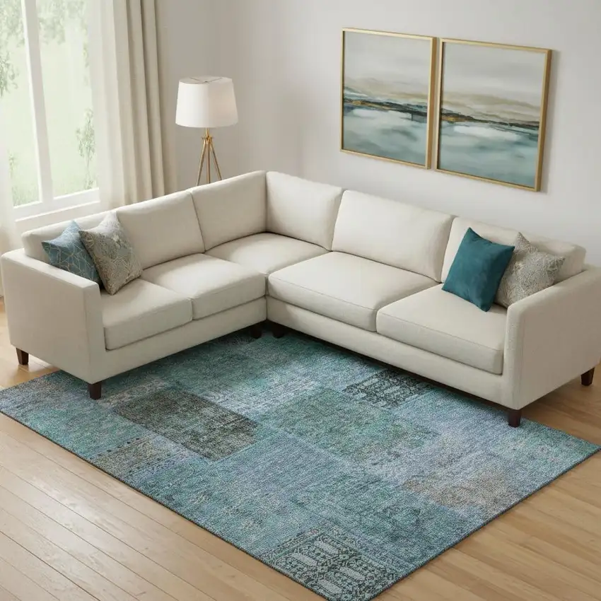 Teal And Gray Patchwork Washable Area Rug With UV Protection Photo 1