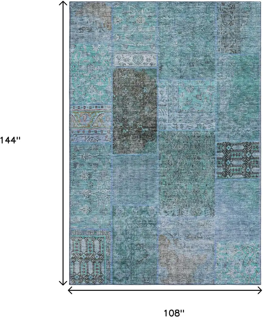 Teal And Gray Patchwork Washable Area Rug With UV Protection Photo 3