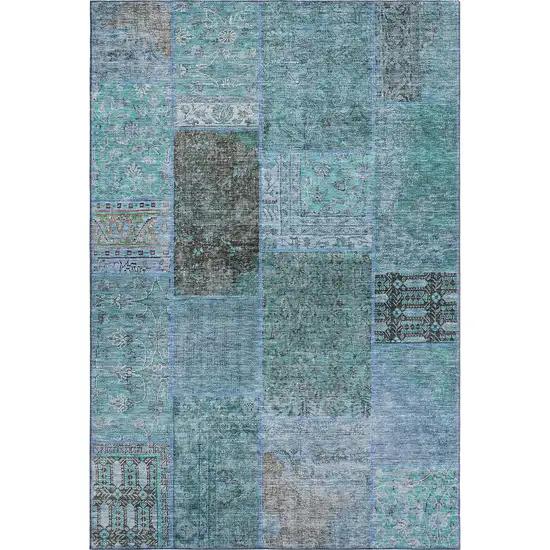 Teal And Gray Patchwork Washable Area Rug With UV Protection Photo 1