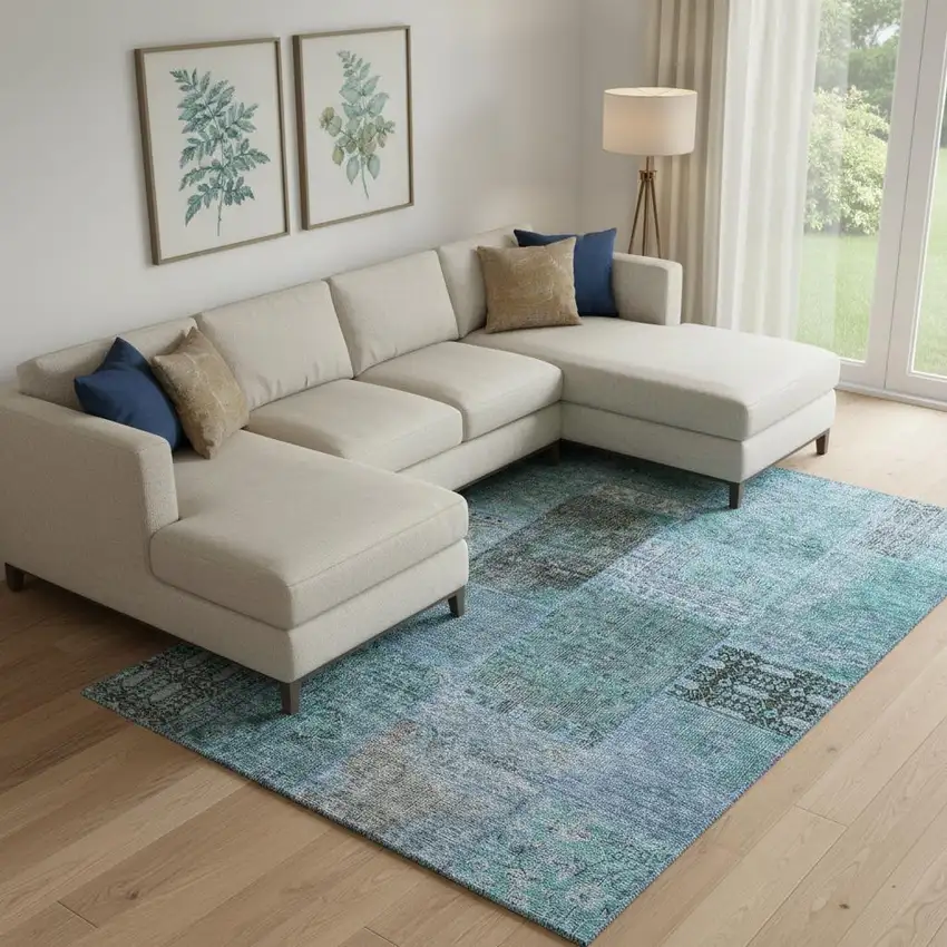 Teal And Gray Patchwork Washable Area Rug With UV Protection Photo 1