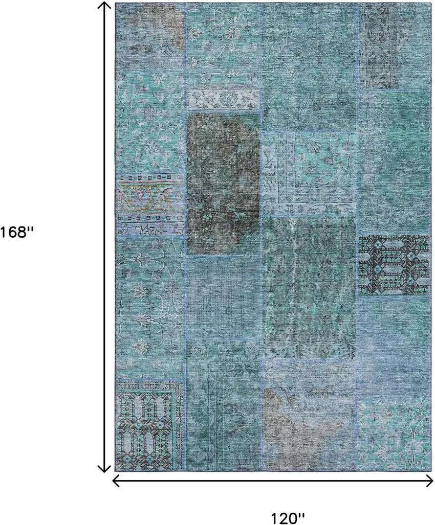 Teal And Gray Patchwork Washable Area Rug With UV Protection Photo 9