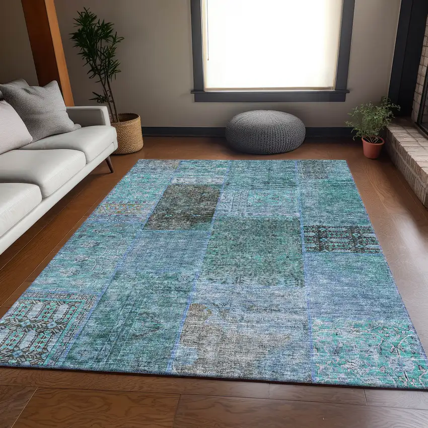 Teal And Gray Patchwork Washable Area Rug With UV Protection Photo 3