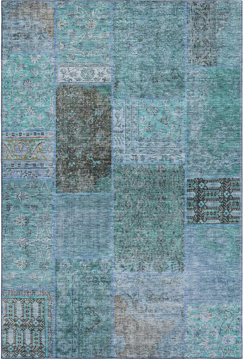 Teal And Gray Patchwork Washable Area Rug With UV Protection Photo 1