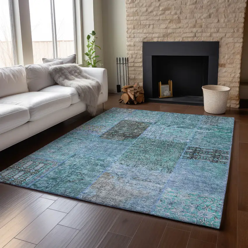Teal And Gray Patchwork Washable Area Rug With UV Protection Photo 4