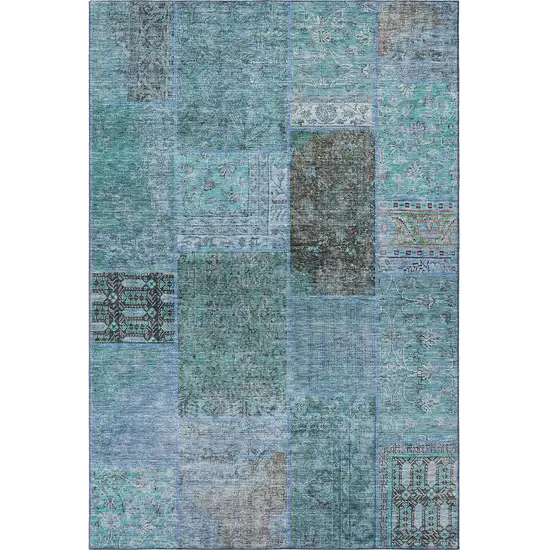 Teal And Gray Patchwork Washable Area Rug With UV Protection Photo 2