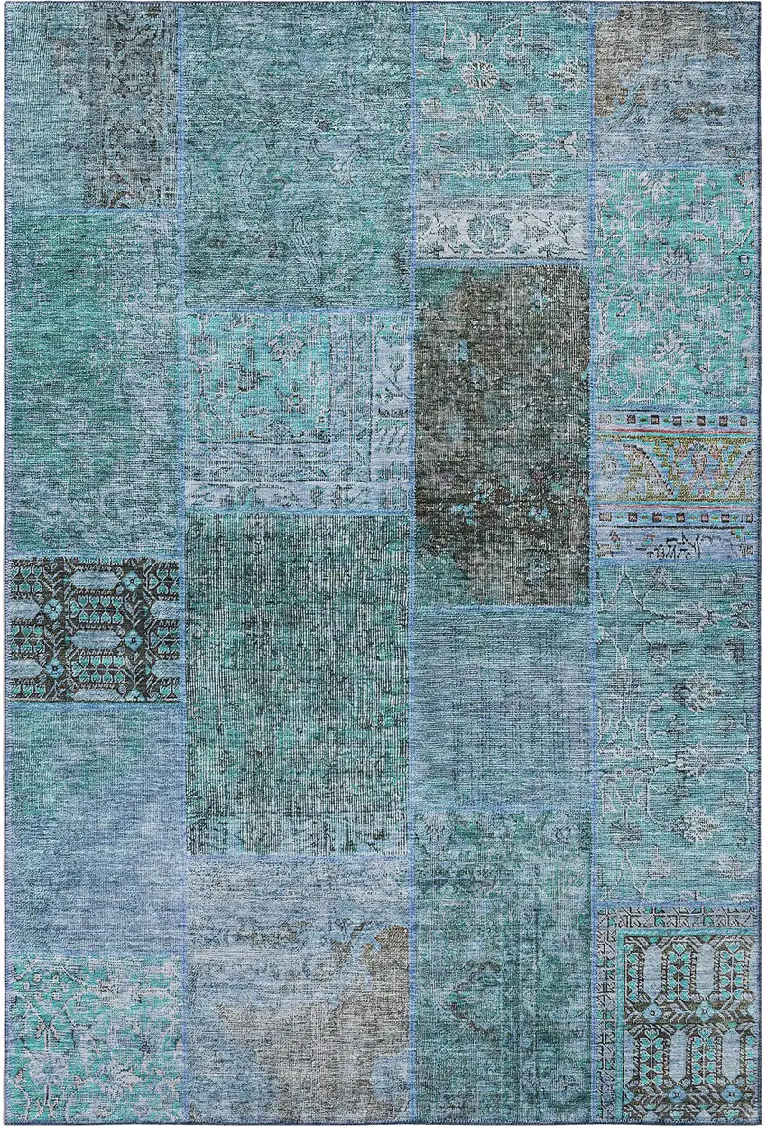 Teal And Gray Patchwork Washable Area Rug With UV Protection Photo 2
