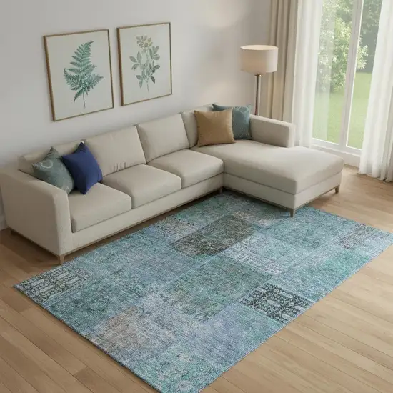 Teal And Gray Patchwork Washable Area Rug With UV Protection Photo 1