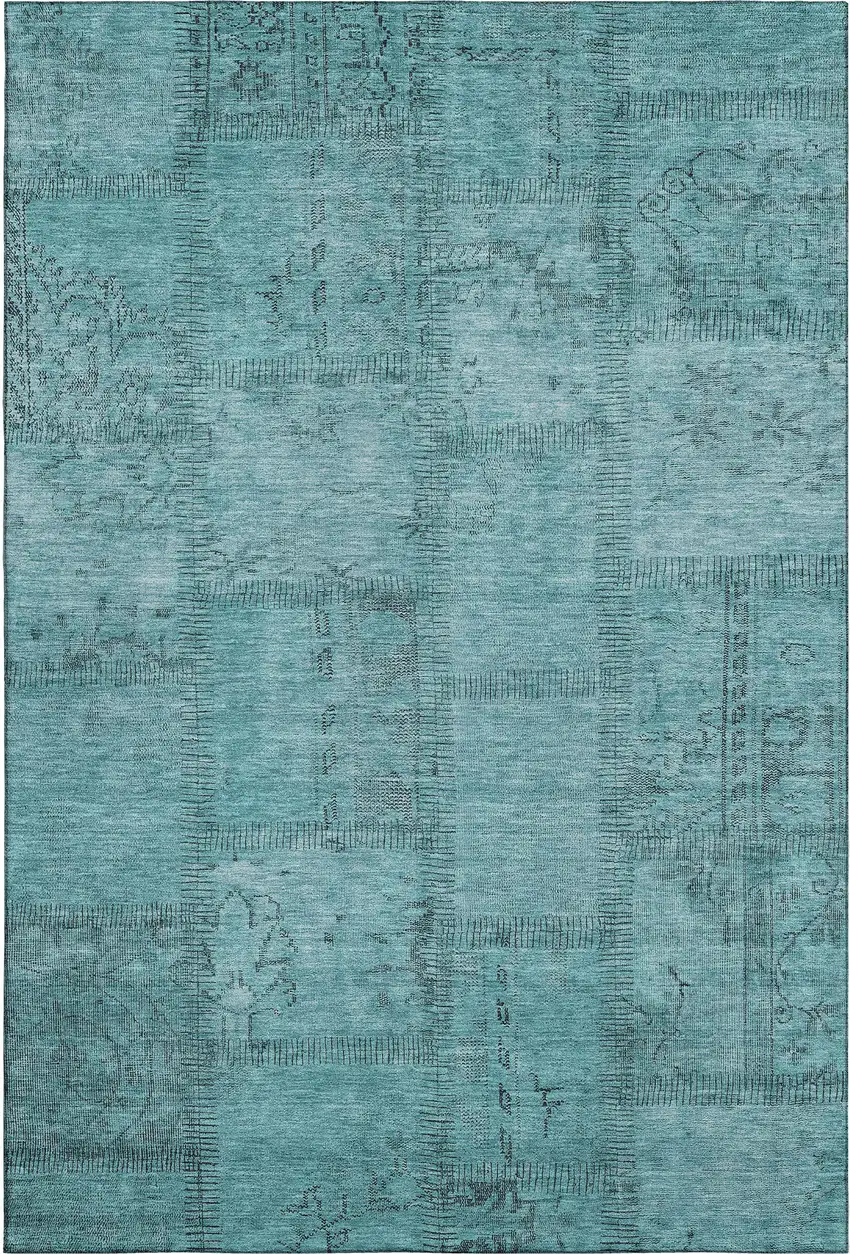 Teal And Gray Patchwork Washable Area Rug With UV Protection Photo 1