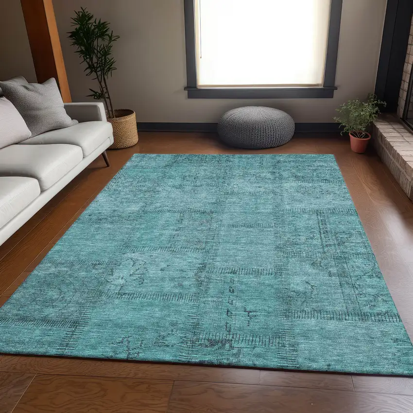 Teal And Gray Patchwork Washable Area Rug With UV Protection Photo 4