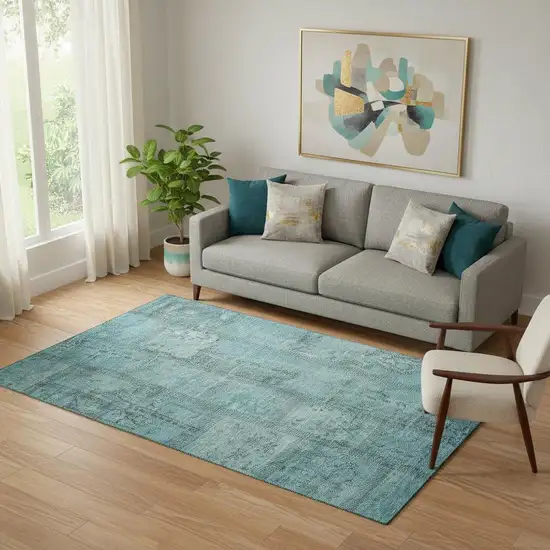 Teal And Gray Patchwork Washable Area Rug With UV Protection Photo 1