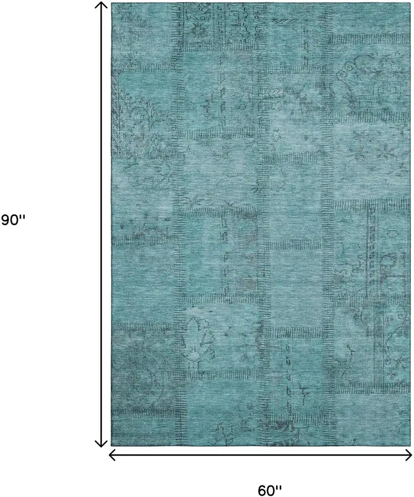 Teal And Gray Patchwork Washable Area Rug With UV Protection Photo 3