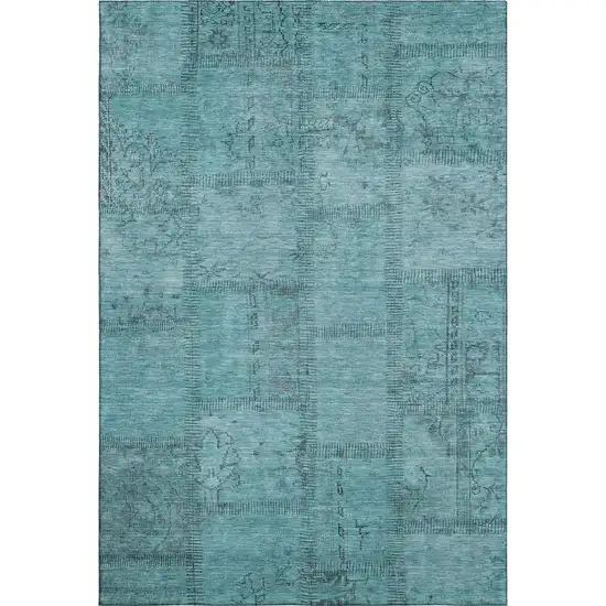 Teal And Gray Patchwork Washable Area Rug With UV Protection Photo 1