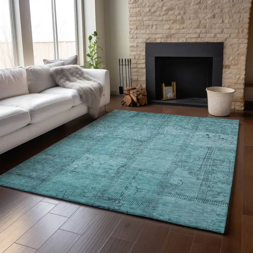 Teal And Gray Patchwork Washable Area Rug With UV Protection Photo 5