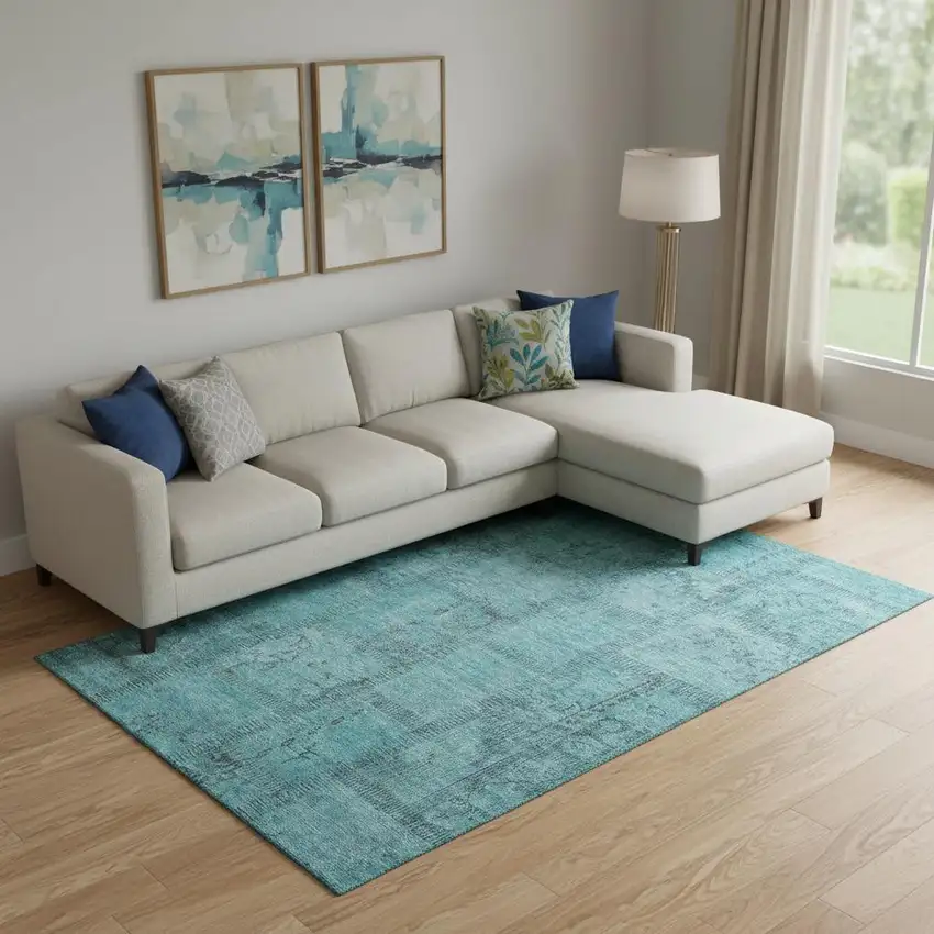 Teal And Gray Patchwork Washable Area Rug With UV Protection Photo 1