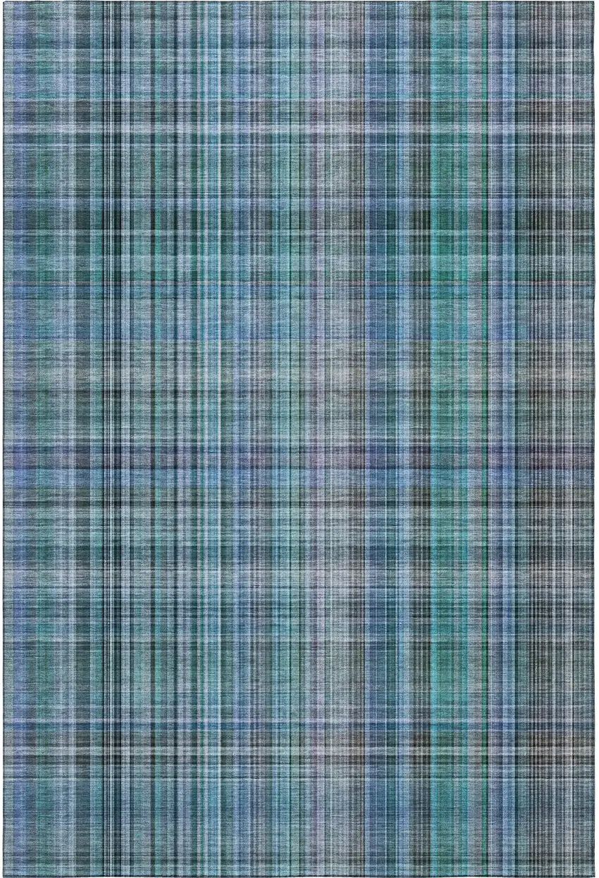Teal And Gray Plaid Washable Area Rug With UV Protection Photo 4