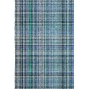 Photo of Teal And Gray Plaid Washable Area Rug With UV Protection